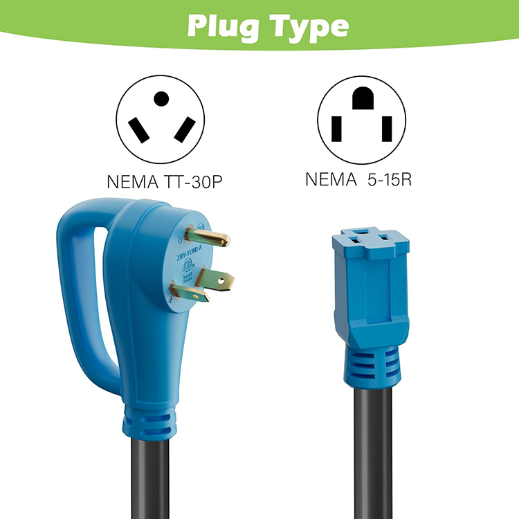 Adaptador macho NEMA TT-30P a hembra NEMA 5-15R, 125 V, cable STW calibre 10