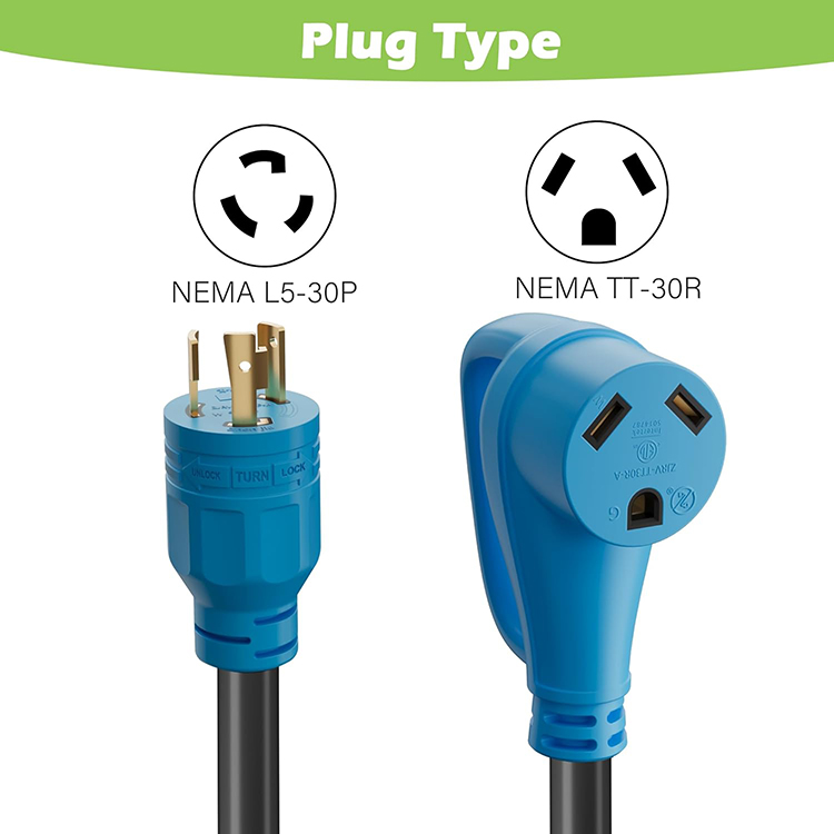 Adaptador de generador a RV de 3 clavijas, NEMA L5-30P macho a NEMA TT-30R hembra con mango