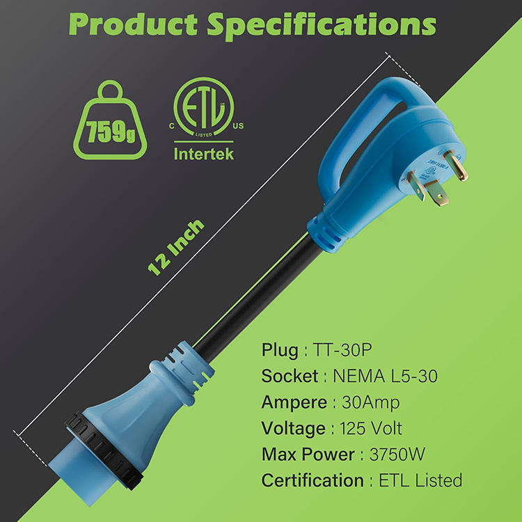 Convertidor “dog bone” de 50 A (4 pines) a 30 A (3 pines) para remolque/camper, NEMA 14-50P macho a L5-30R hembra